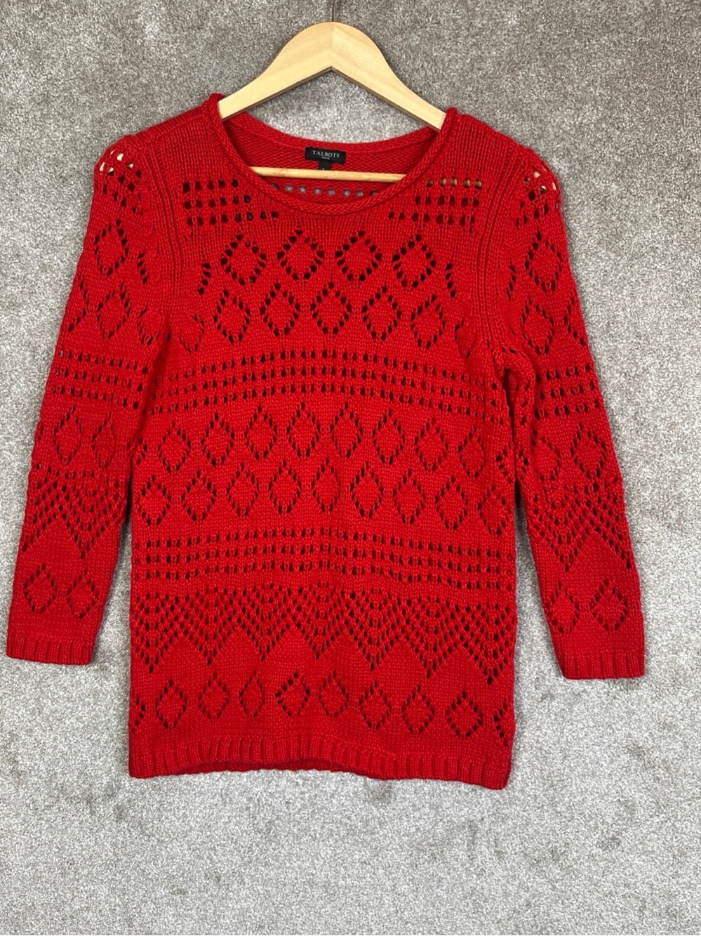 Talbots Sweater Womens Small Petite Red Open Knit Pullover Round Neck- 5358